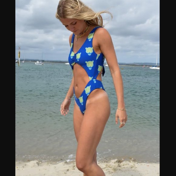 NWT Merve One Piece Pixie Bagheera Swimsuit Reversible Tiger Blue Ties C… - Picture 1 of 14